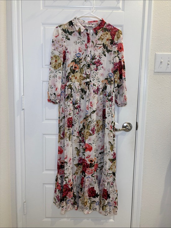 Zara Dresses & Skirts - Zara Floral Midi Dress Button Front Long Sleeve Cottagecore Boho Women’s Small